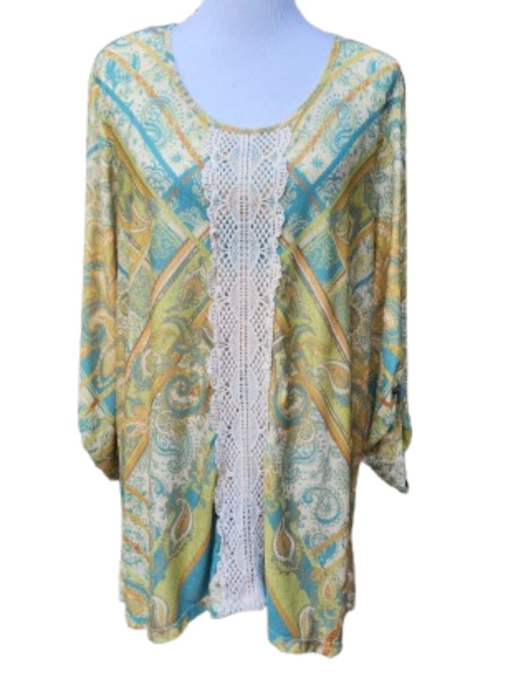 Multiples Multicolor Geo-Paisley Print Blouse Lightweight Crochet Lace Trim